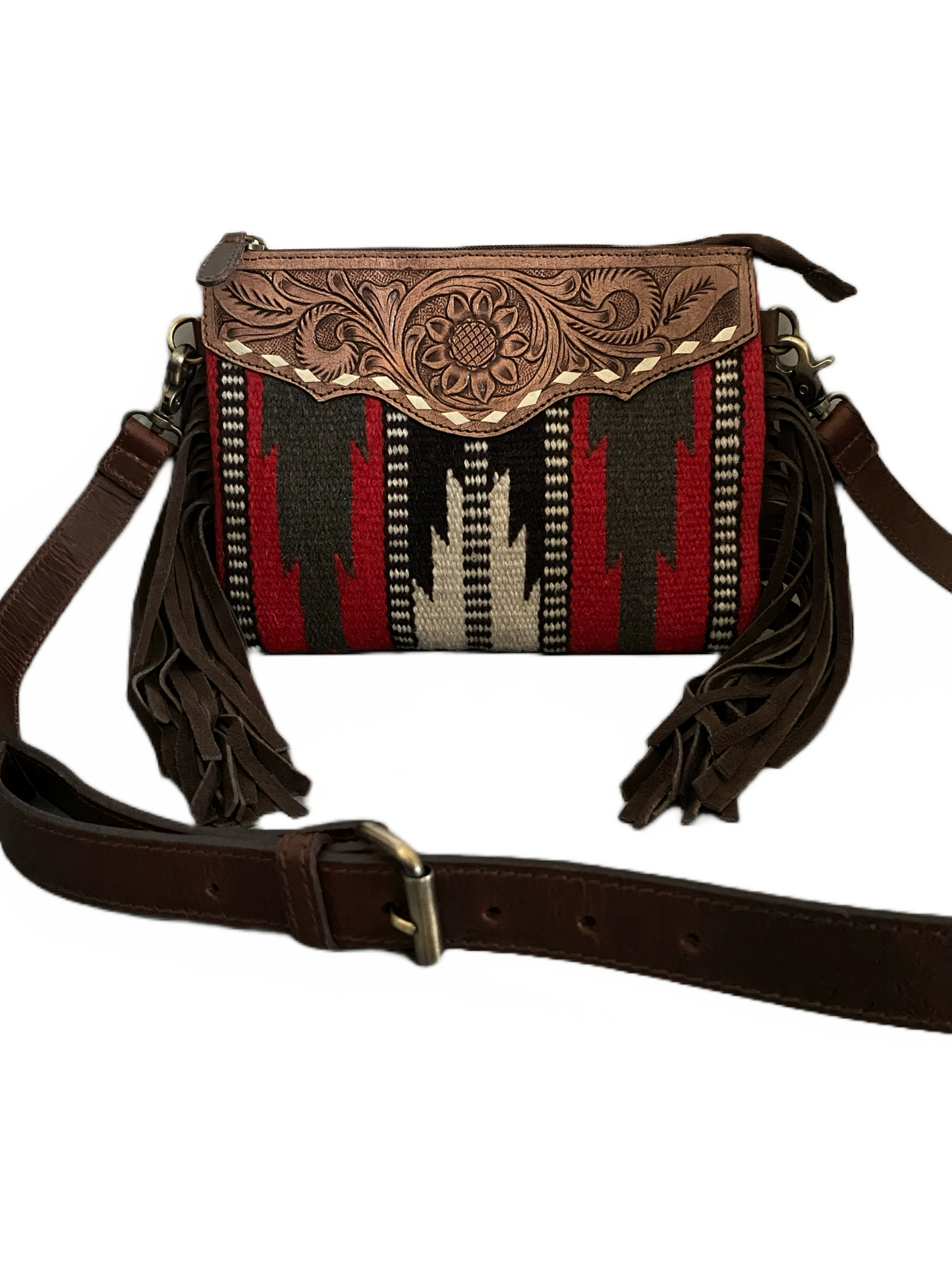 Tooled Aztec Saddle Blanket Tassel Shoulder Bag~ Red