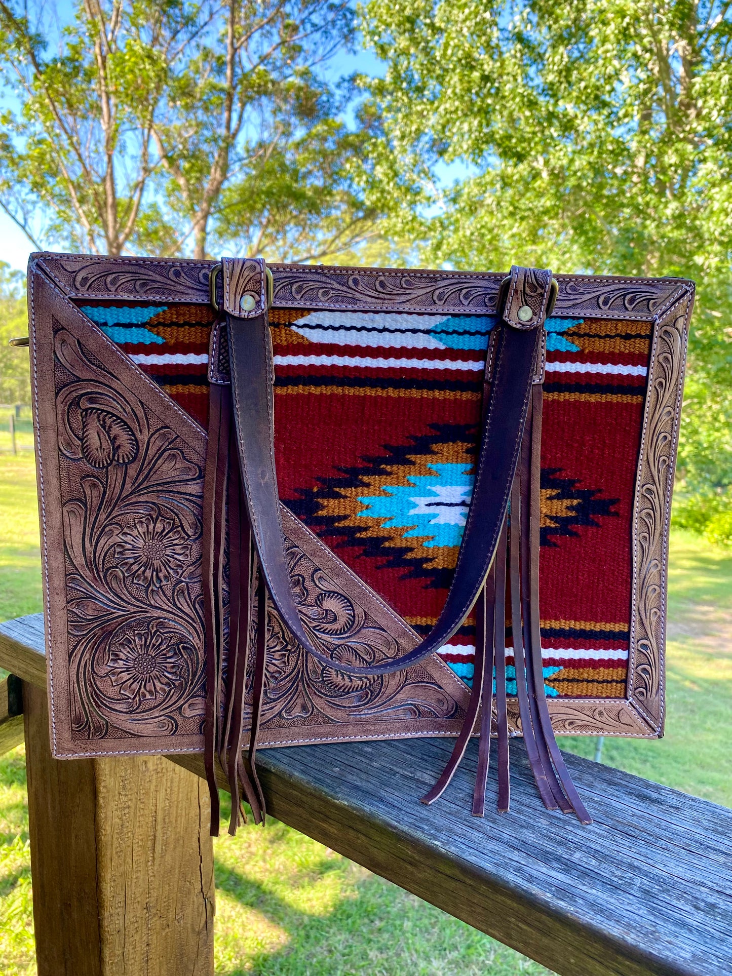 Hand Tooled Leather Handbag~ Aztec Saddle Blanket