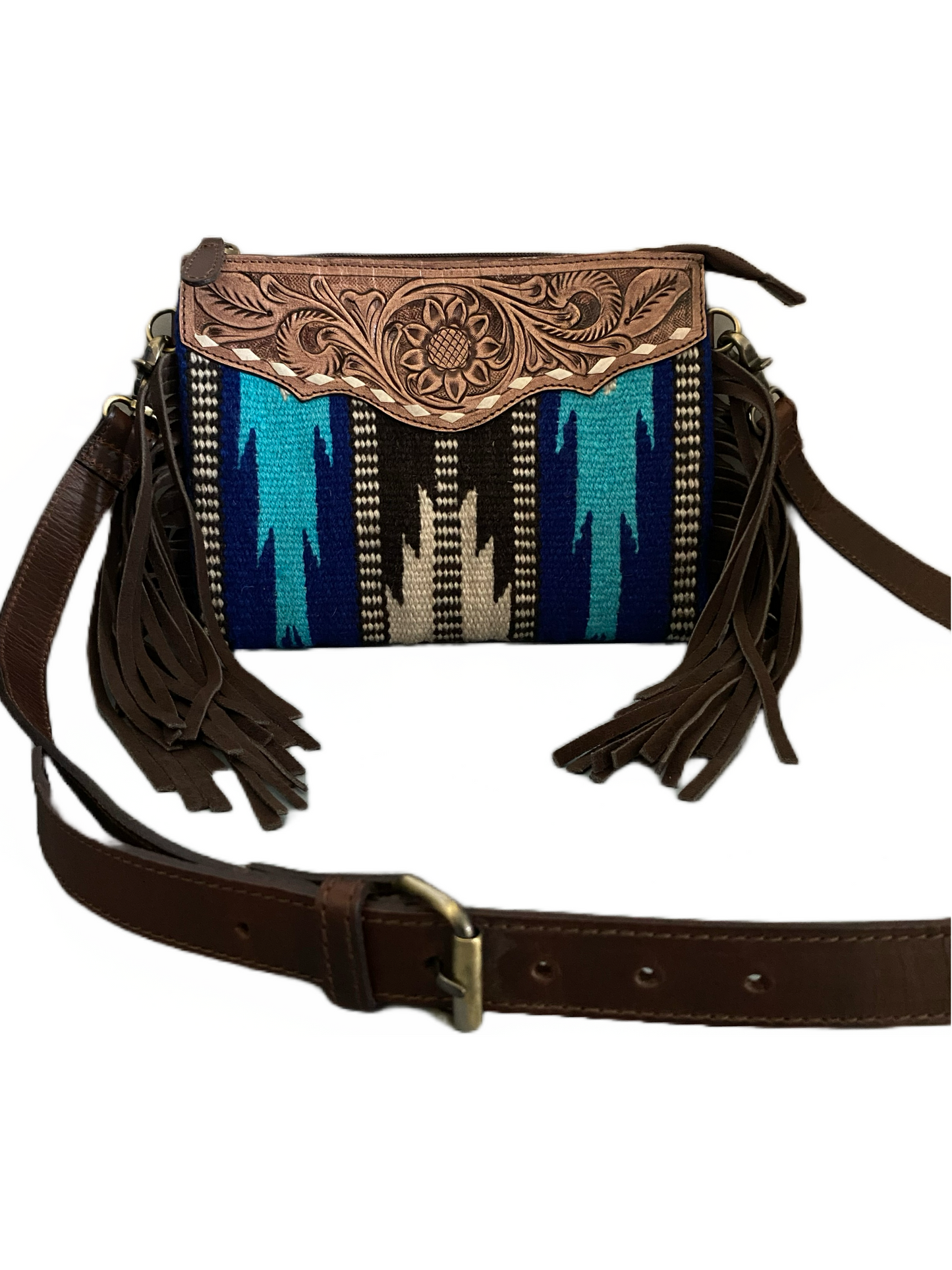 Tooled Aztec Saddle Blanket Tassel Shoulder Bag~ Blue