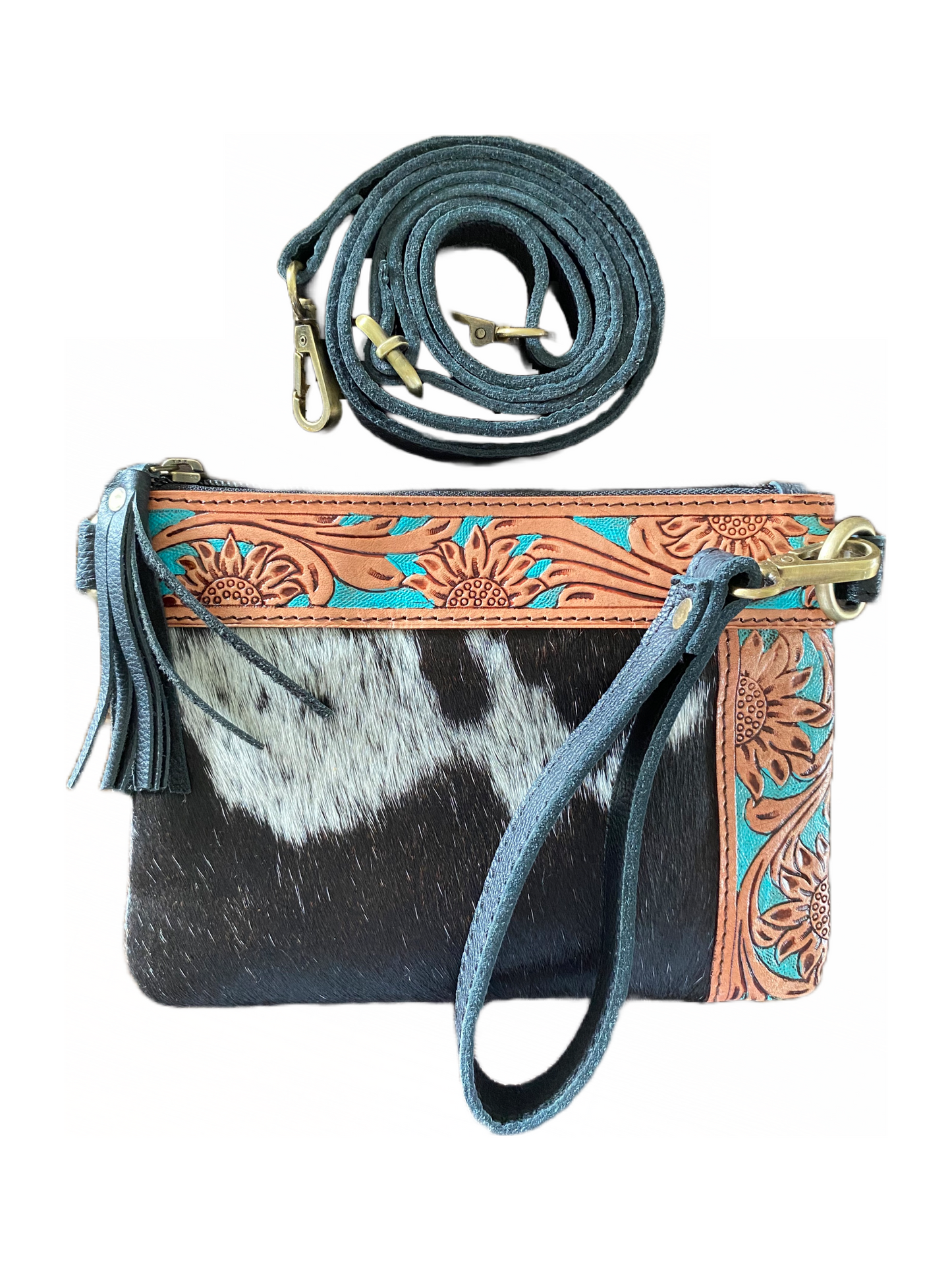 Cowhide & Hand Tooled Leather Clutch / Shoulder Bag~ Turquoise & Tan