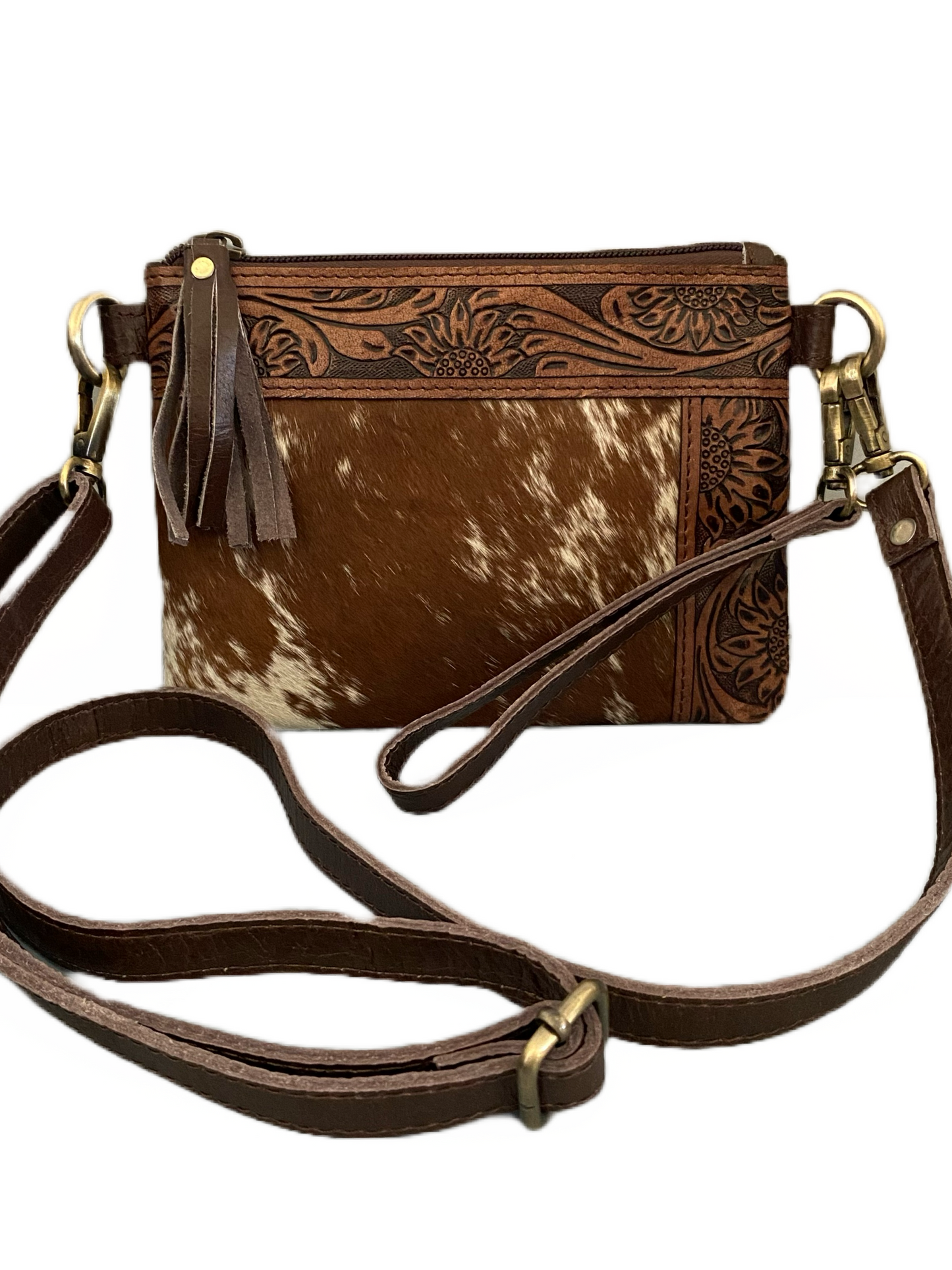 Cowhide & Hand Tooled Leather Clutch / Shoulder Bag~ Tan With Brown Hide