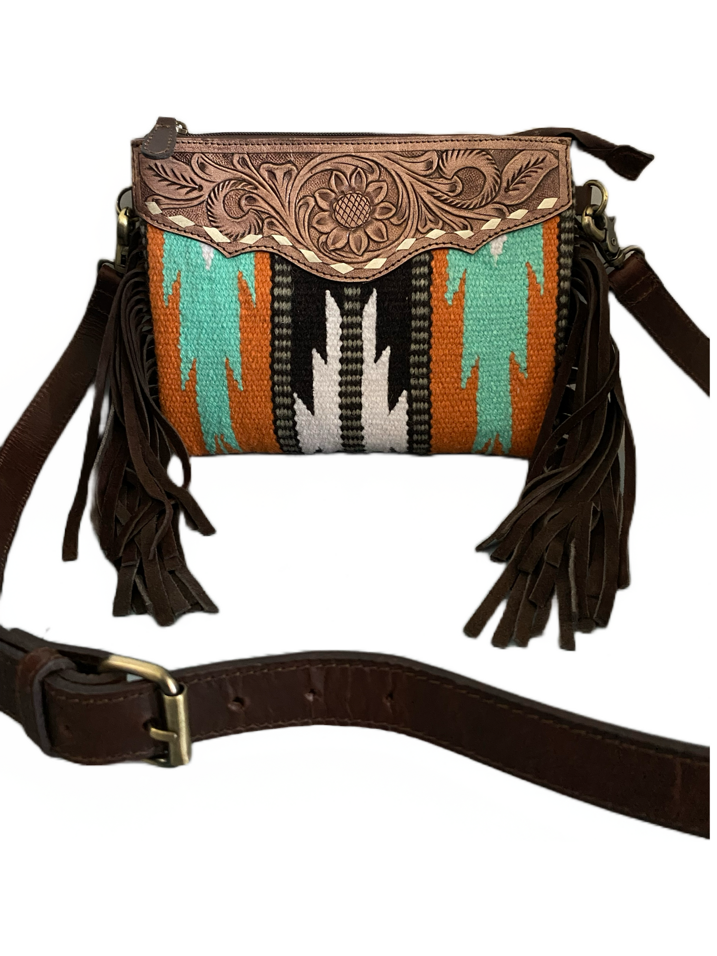 Tooled Aztec Saddle Blanket Tassel Shoulder Bag~ Tangerine & Turquoise