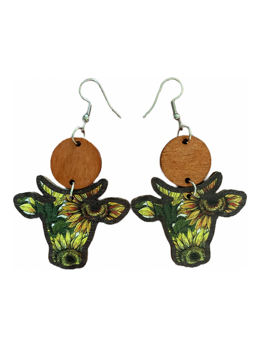 Wooden Cow Head Dangles~ Sunflower